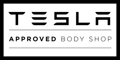 Text: "Tesla Approved Body Shop"