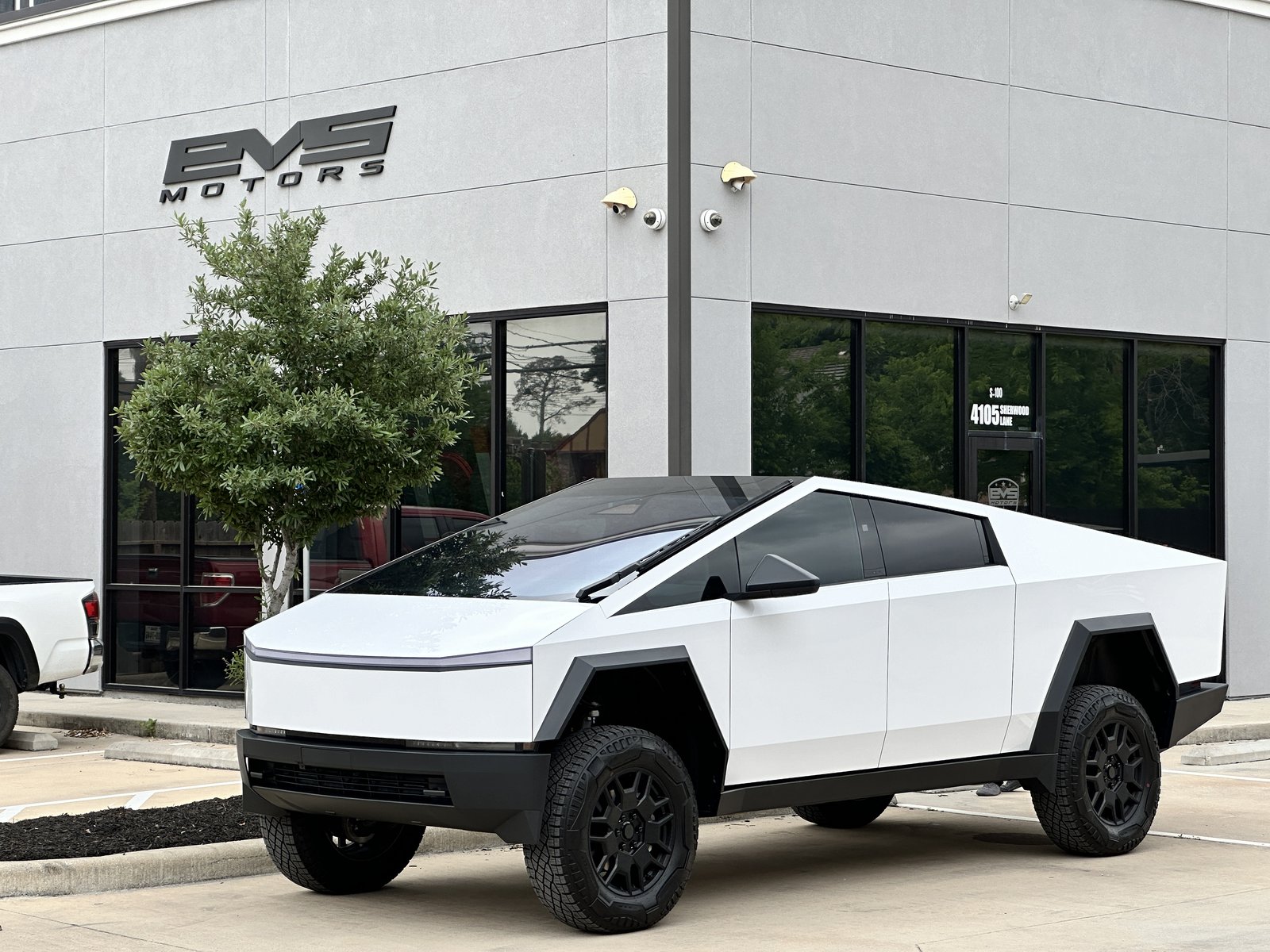 Matte white Cybertruck at EVS Motors