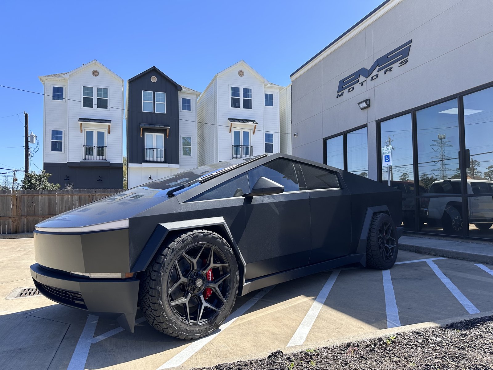 Satin black Cybertruck side profile at EVS Motors