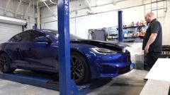 Tesla Model S Plaid on a lift in the EVS Motors service bay