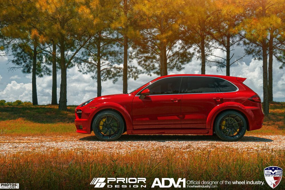 Prior Design aero kit for a red Porsche, side view